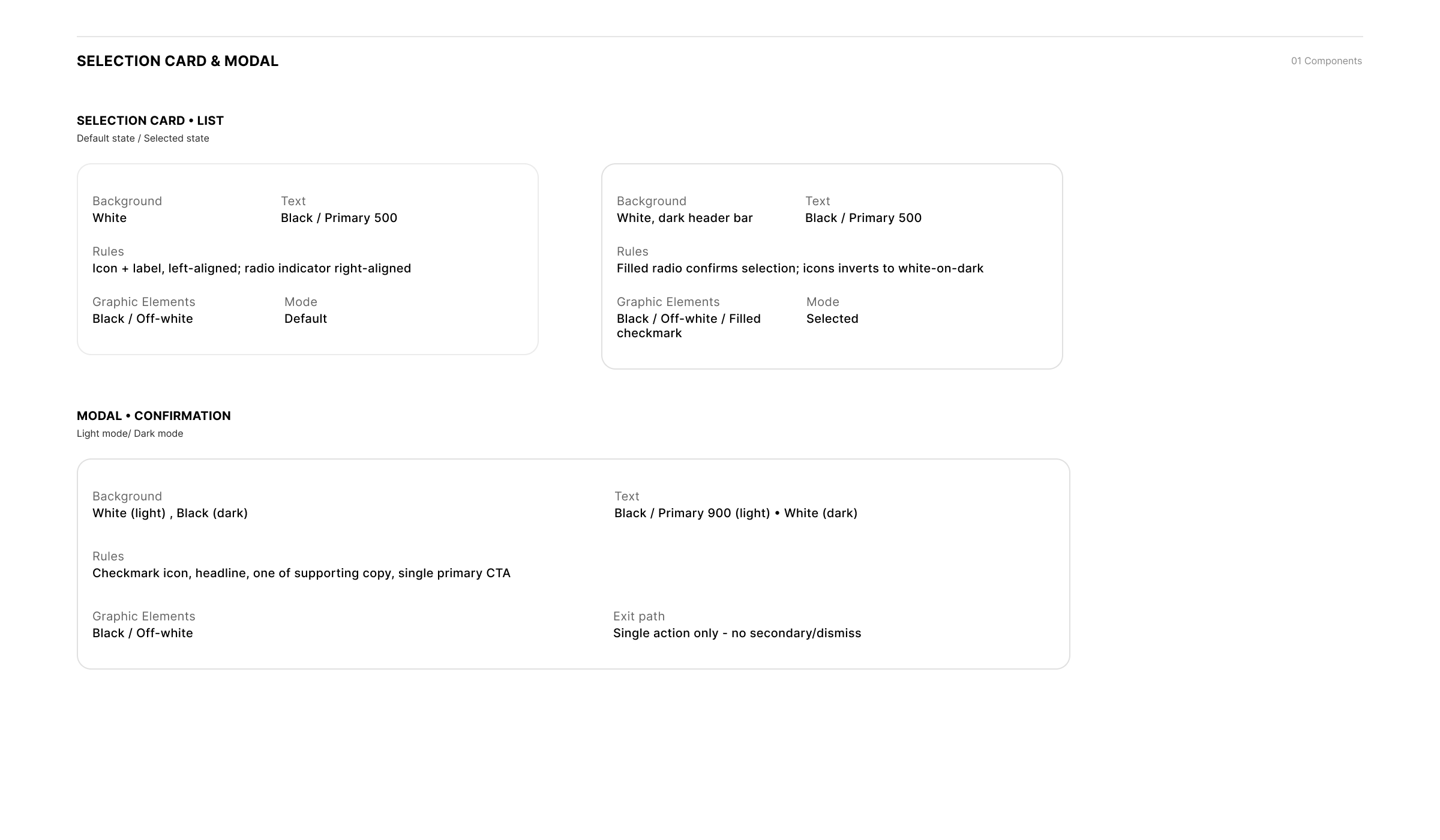 selection card specs
